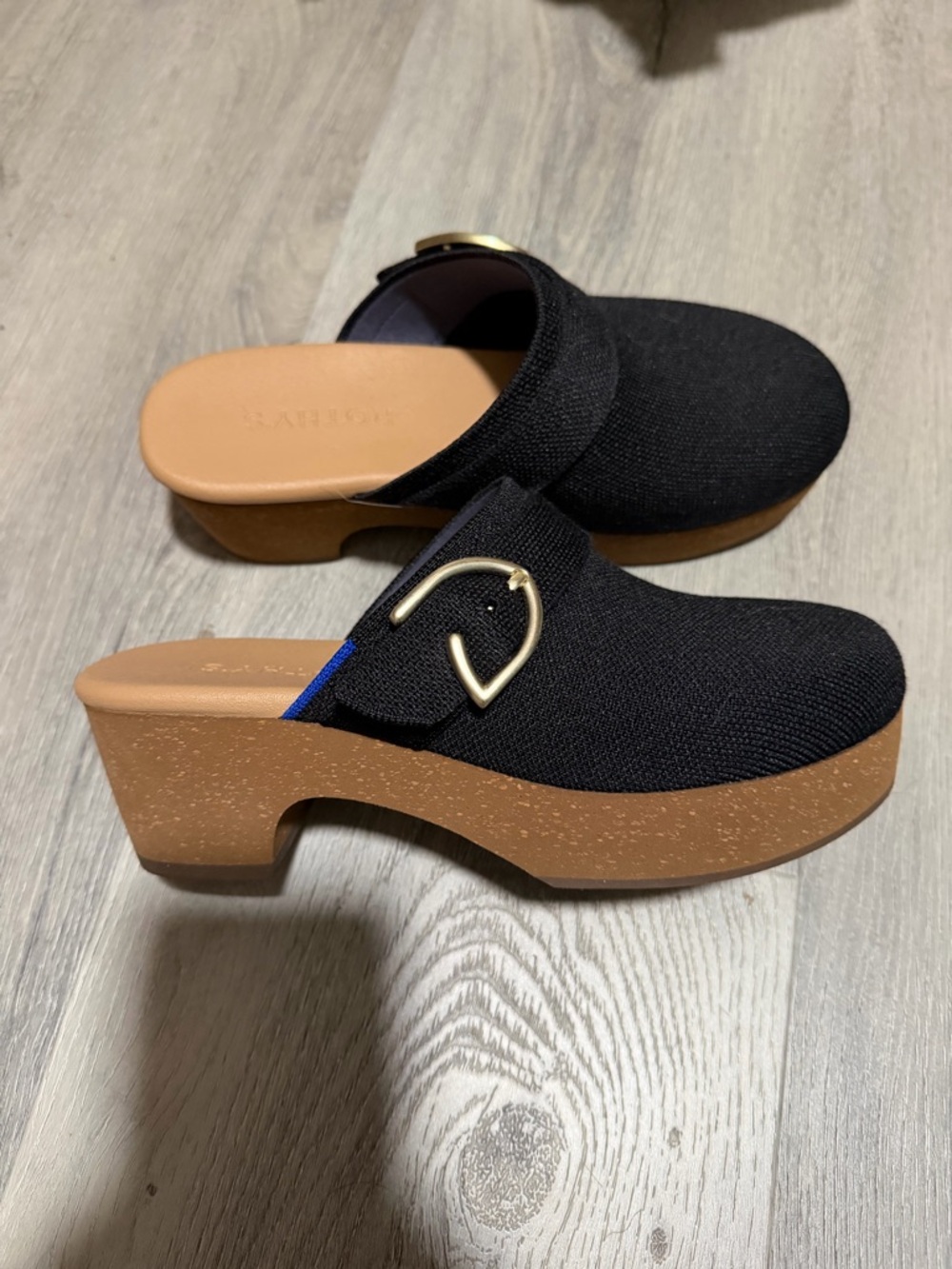 Rothy's Black Knit Platform Clog with Tan Cork-Look Sole and Gold Buckle